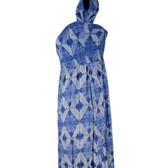 Anthropologie Aila Blue Smocked Ruffle Maxi Dress Navy Blue Ikat Geometric S - Picture 2 of 11
